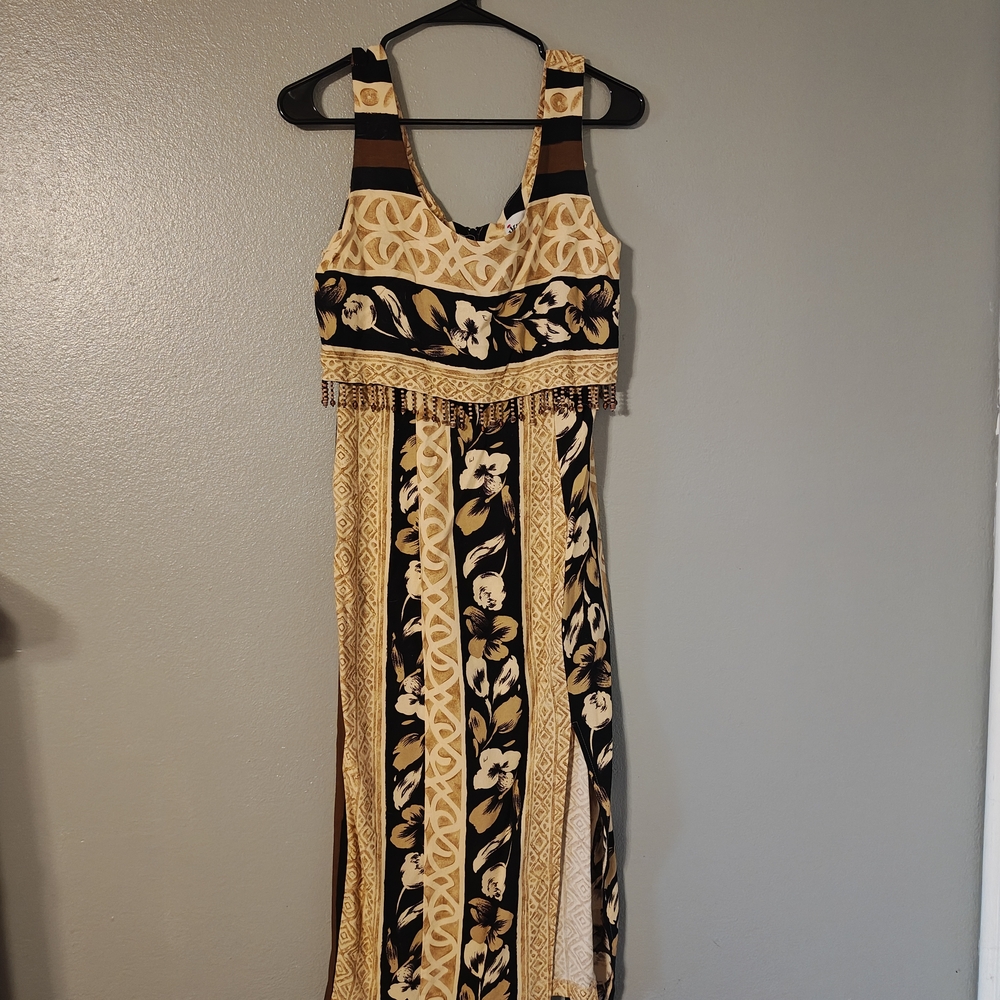 Black and Gold Floral Maxi Dress with Fringe Trim
